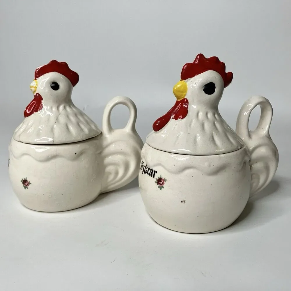 Vtg Rooster & Chicken Hen Coffee & Sugar Bowls Spanish Folk Art White Farmhouse